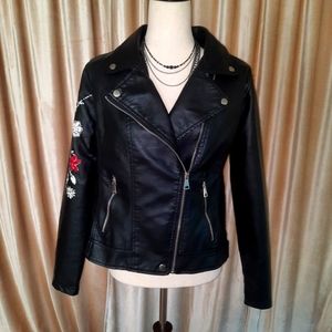 Urban Retro Faux Leather Jacket w/Flower Detail Sz XL